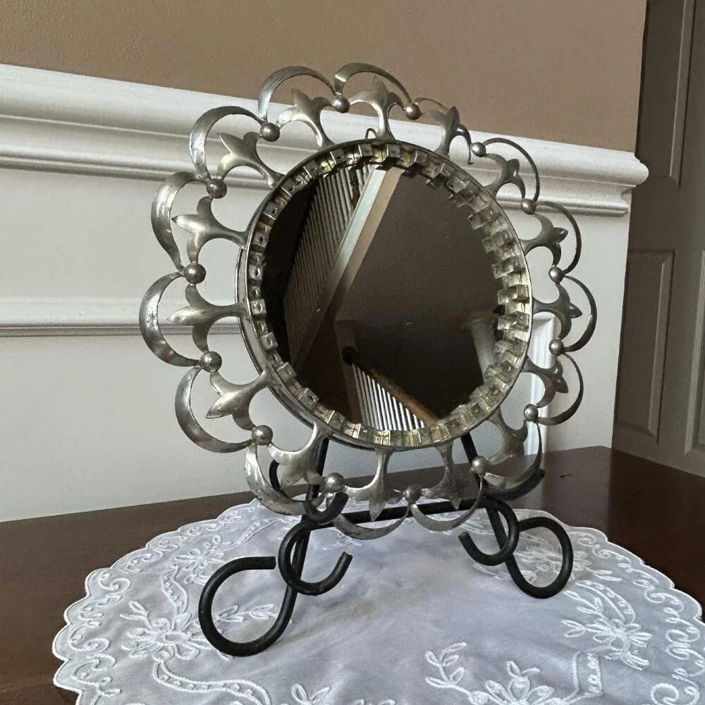 Vintage Mexican tin framed round wall mirror